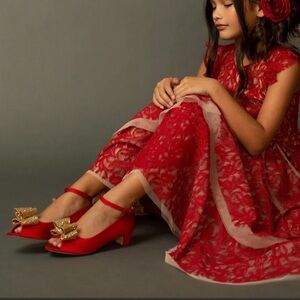 Joyfolie Valerie Pump Heel Ankle Strap Red Satin Glitter Bow Girls Sz 13